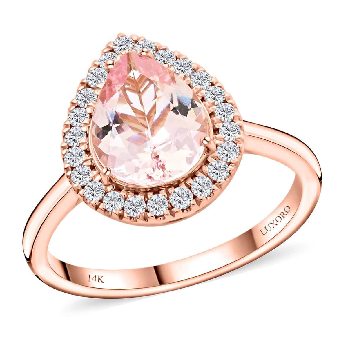 Certified & Appraised Luxoro 14K Rose Gold AAA Palmeiras Pink Morganite and I2 Diamond Halo Ring (Size 8.5) 2.20 ctw image number 0