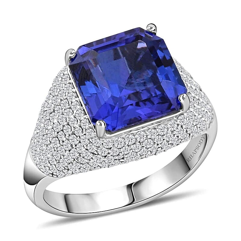 Certified & Appraised Rhapsody 950 Platinum Asscher Cut AAAA Tanzanite and E-F VS Diamond Ring (Size 10.0) 9.15 Grams 6.65 ctw