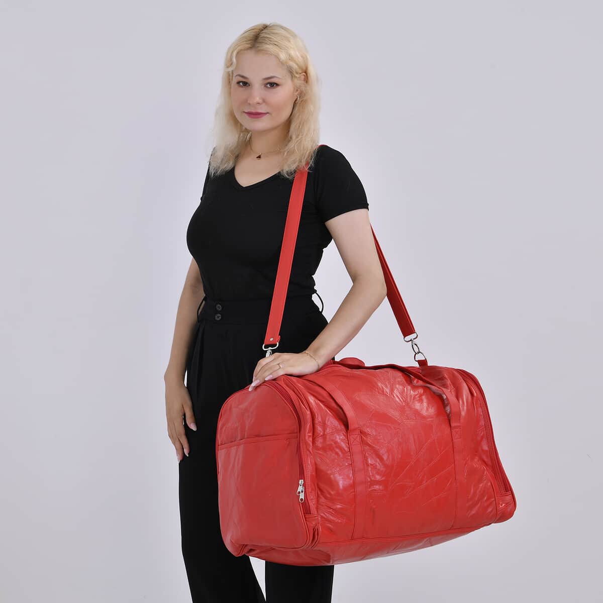 Red Sheep Leather Travel Bag with Shoulder Strap image number 1