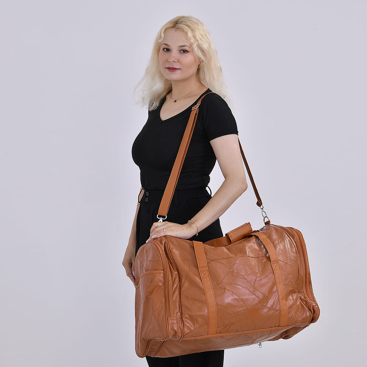 Tan Sheep Leather Travel Bag with Shoulder Strap image number 1