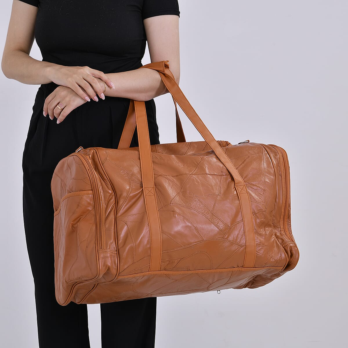 Tan Sheep Leather Travel Bag with Shoulder Strap image number 2