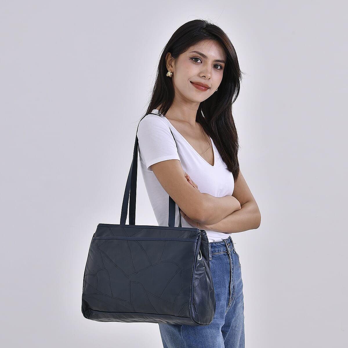 Navy Sheep Leather Tote Bag with Handle Drop 13 image number 1
