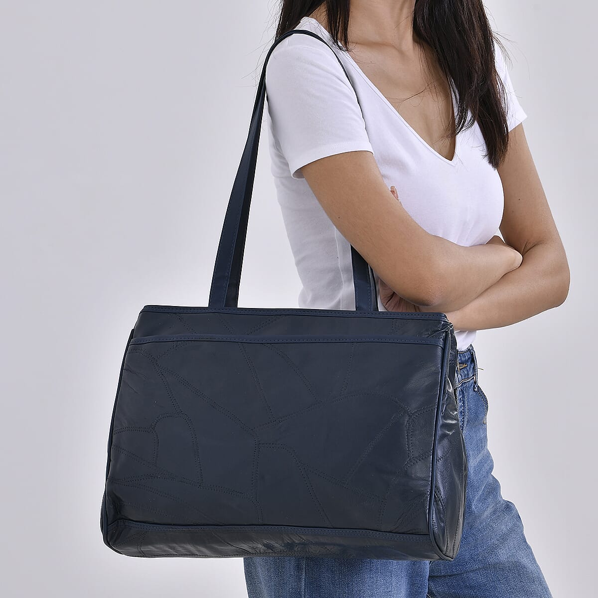 Navy Sheep Leather Tote Bag with Handle Drop 13 image number 2