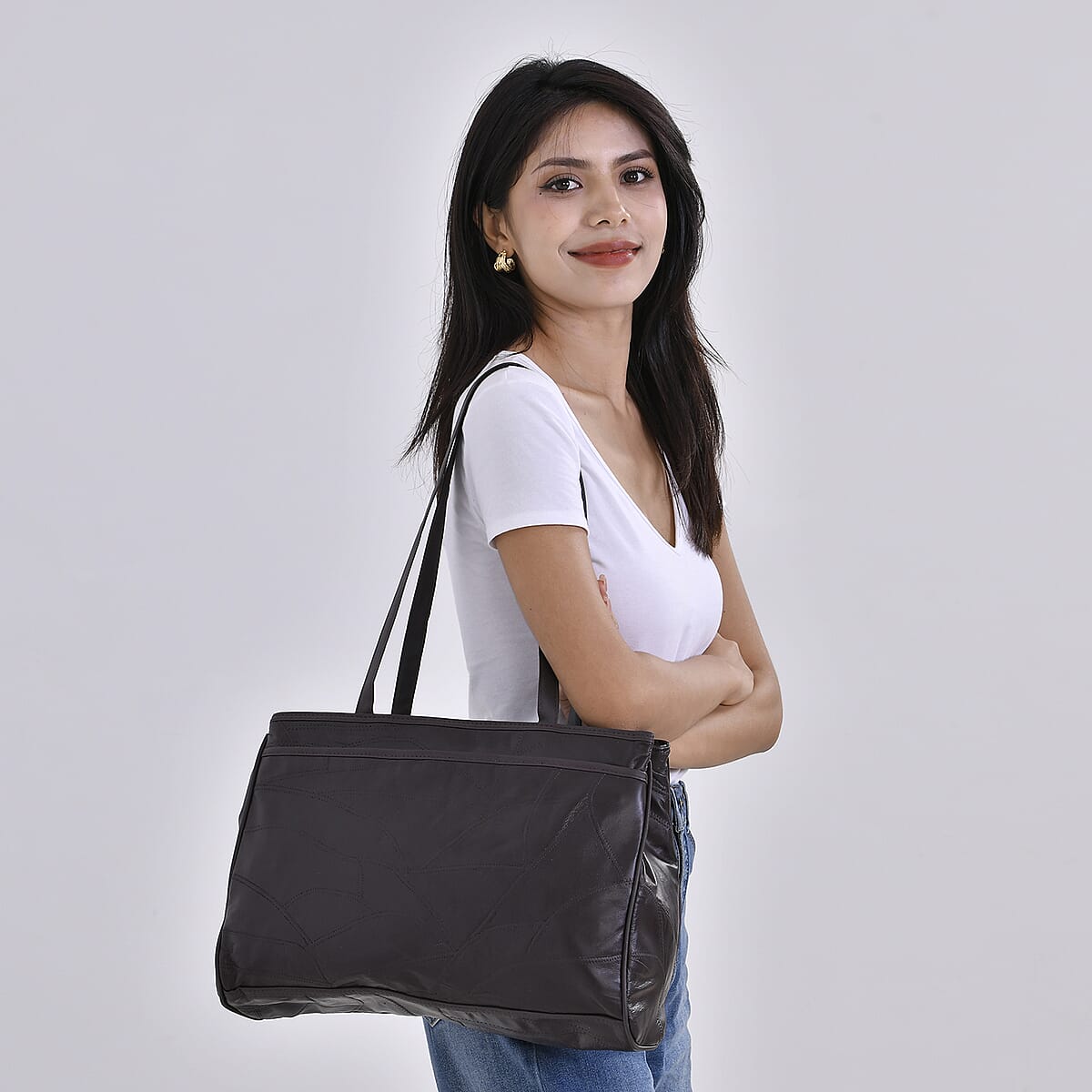 Dark Brown Sheep Leather Tote Bag with Handle Drop 13 image number 1