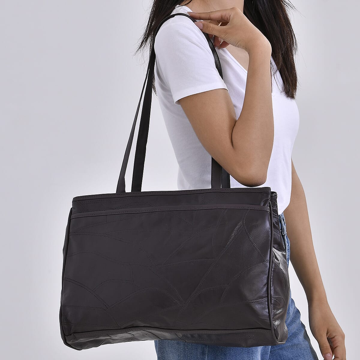 Dark Brown Sheep Leather Tote Bag with Handle Drop 13 image number 2