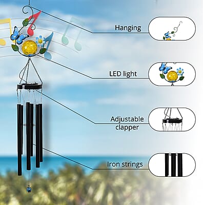 Outdoor Colorful Butterfly Solar Wind Chime with 1 Bright LED