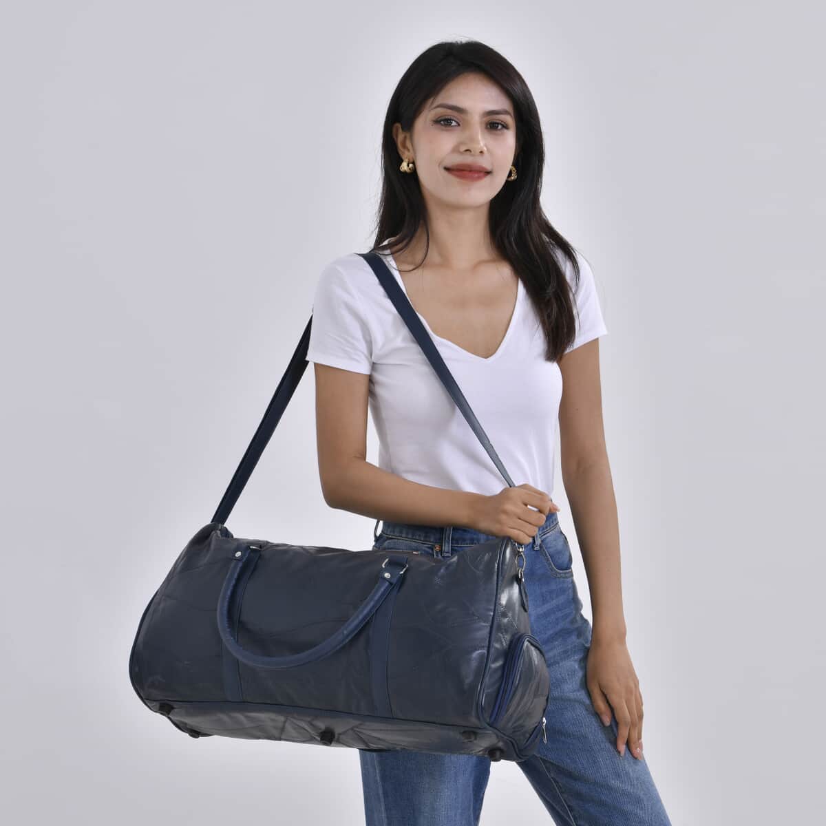 Navy Sheep Leather Travel Bag with Handle Drop 8.7 Inches and Long Shoulder Strap 54.7 Inches image number 1