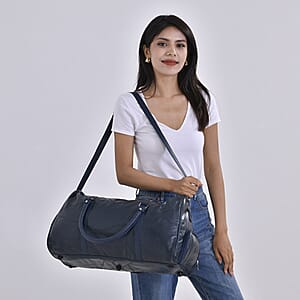 Navy Sheep Leather Travel Bag with Handle Drop 8.7 Inches and Long Shoulder Strap 54.7 Inches