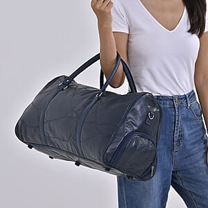Navy Sheep Leather Travel Bag with Handle Drop 8.7 Inches and Long Shoulder Strap 54.7 Inches