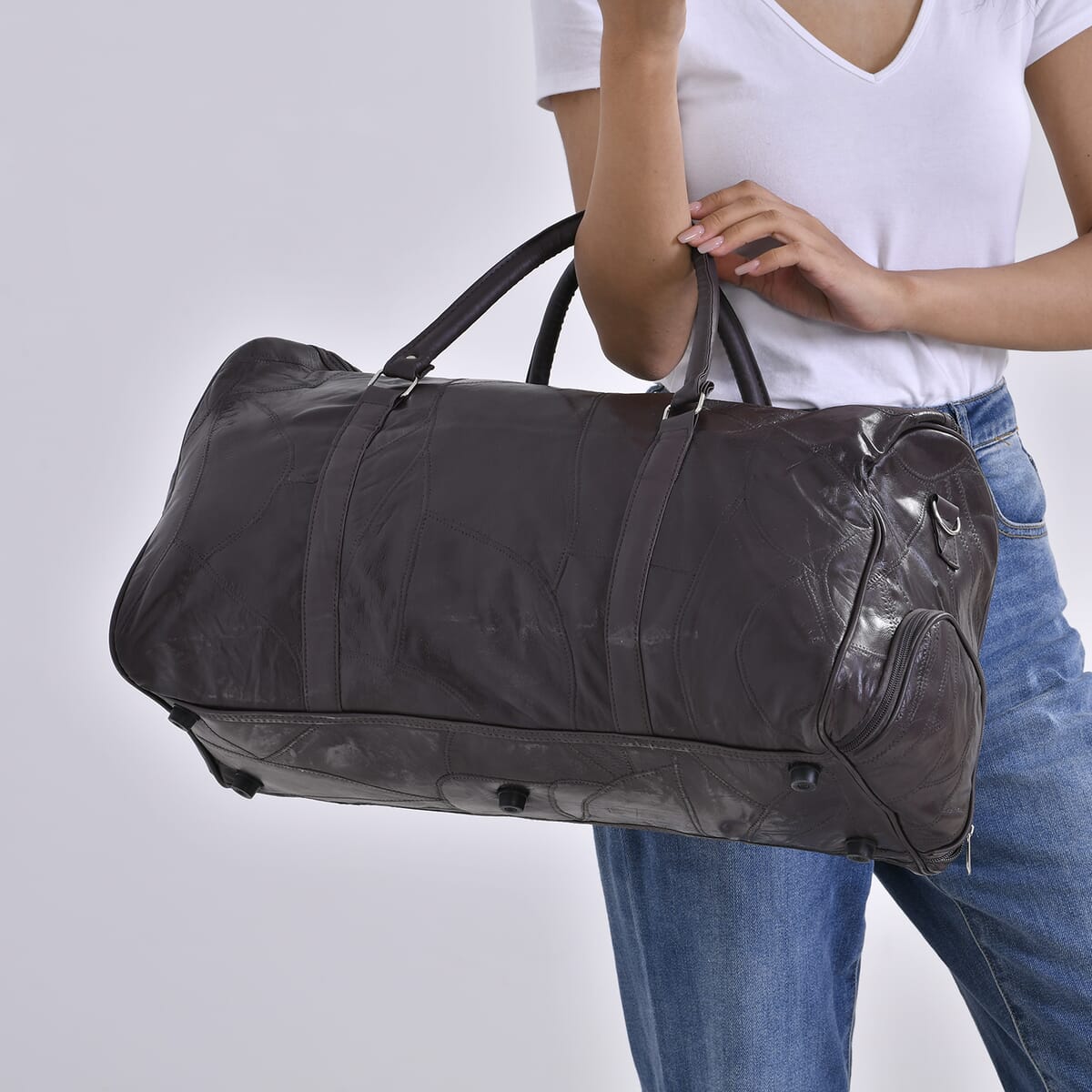 Dark Brown Sheep Leather Travel Bag with Handle Drop 8.7 Inches and Long Shoulder Strap 54.7 Inches image number 2