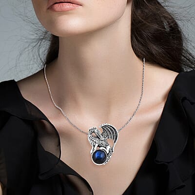 Bali Legacy Malagasy Labradorite 7.30 ctw Dragon Pendant without Chain in Sterling Silver 