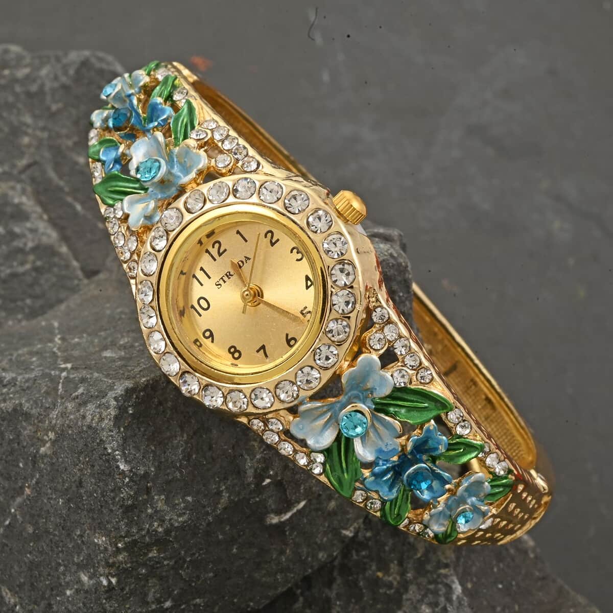 Strada Multi Color Austrian Crystal Japanese Movement Flower Pattern Bangle Watch in Goldtone (23.87mm) (6.50 in) image number 1