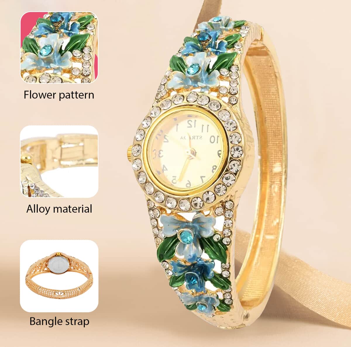 Strada Multi Color Austrian Crystal Japanese Movement Flower Pattern Bangle Watch in Goldtone (23.87mm) (6.50 in) image number 2