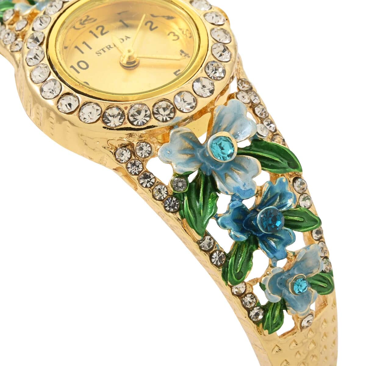 Strada Multi Color Austrian Crystal Japanese Movement Flower Pattern Bangle Watch in Goldtone (23.87mm) (6.50 in) image number 3