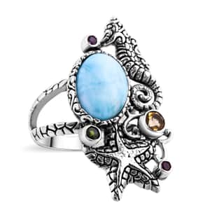 Bali Legacy Larimar and Multi Gemstone Seahorse and Starfish Ring in Sterling Silver (Size 10.0) 6.90 ctw