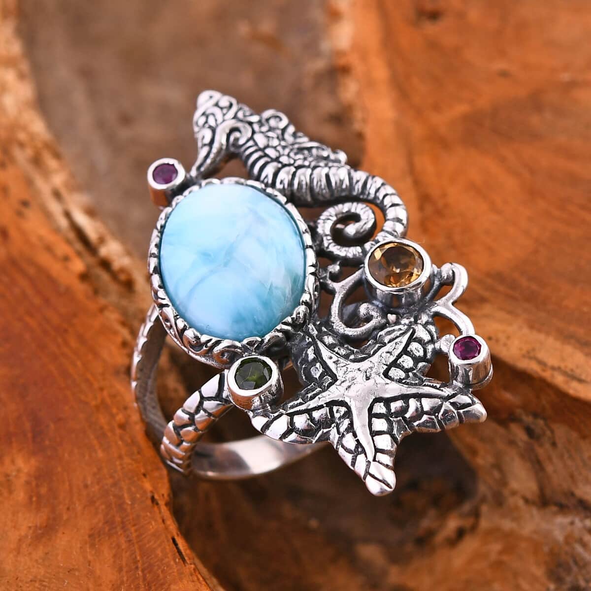 Bali Legacy Larimar and Multi Gemstone Seahorse and Starfish Ring in Sterling Silver (Size 10.0) 6.90 ctw image number 1