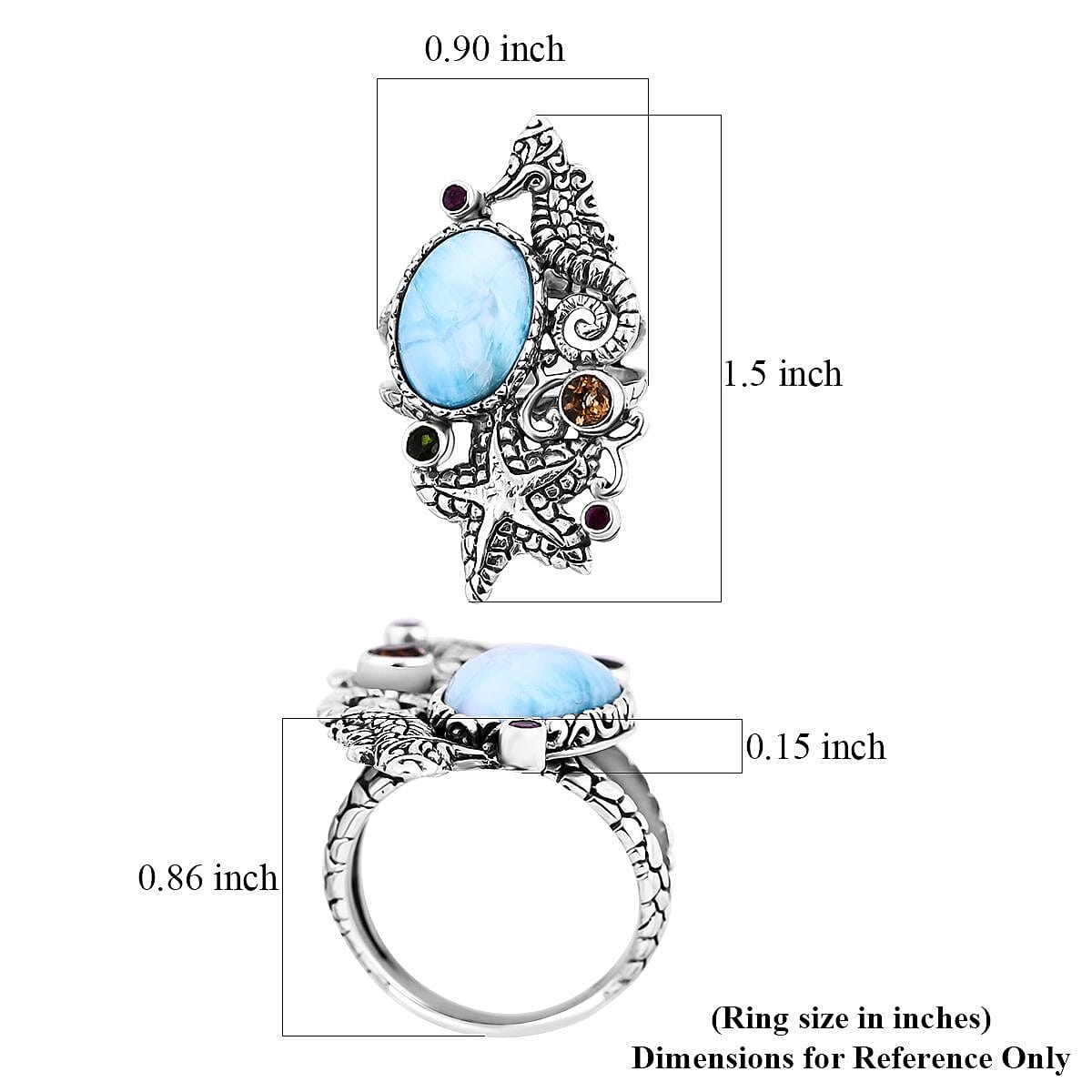 Bali Legacy Larimar and Multi Gemstone Seahorse and Starfish Ring in Sterling Silver (Size 10.0) 6.90 ctw