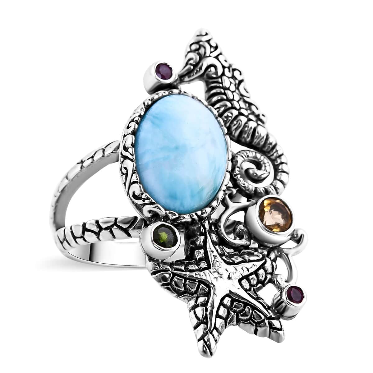 Bali Legacy Larimar and Multi Gemstone Seahorse and Starfish Ring in Sterling Silver (Size 6.0) 6.90 ctw image number 0