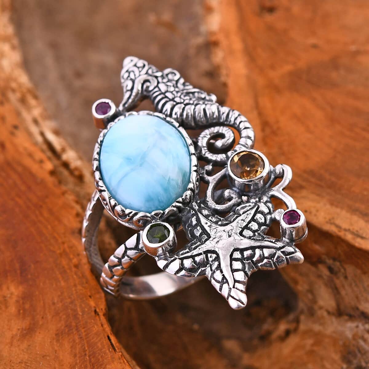 Bali Legacy Larimar and Multi Gemstone Seahorse and Starfish Ring in Sterling Silver (Size 6.0) 6.90 ctw image number 1