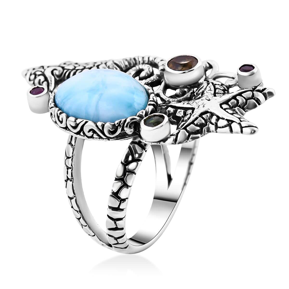 Bali Legacy Larimar and Multi Gemstone Seahorse and Starfish Ring in Sterling Silver (Size 6.0) 6.90 ctw image number 3