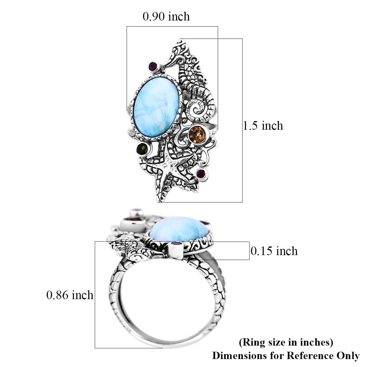 Bali Legacy Larimar and Multi Gemstone Seahorse and Starfish Ring in Sterling Silver (Size 6.0) 6.90 ctw image number 5