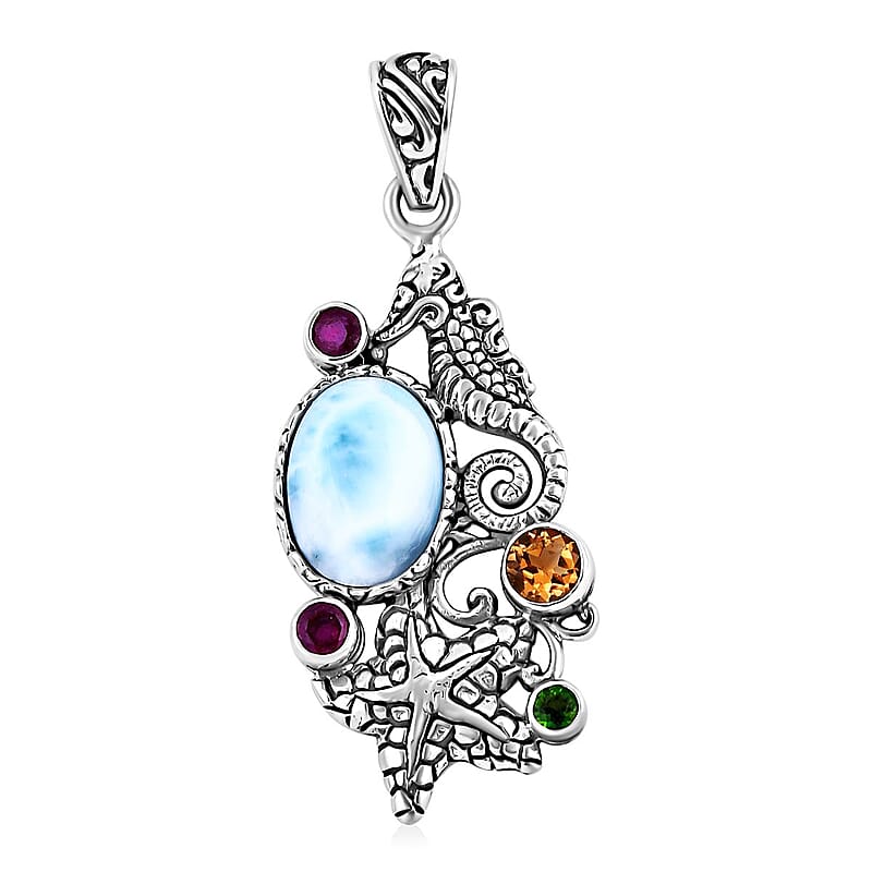 Bali Legacy Larimar and Multi Gemstone Seahorse and Starfish Pendant without Chain in Sterling Silver 8.00 ctw