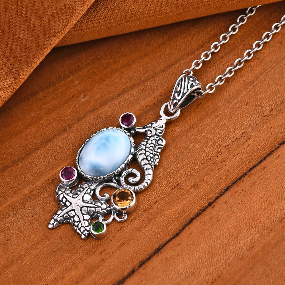 Bali Legacy Larimar and Multi Gemstone Seahorse and Starfish Pendant in Sterling Silver 8.00 ctw image number 1