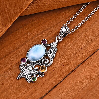 Bali Legacy Larimar and Multi Gemstone Seahorse and Starfish Pendant without Chain in Sterling Silver 8.00 ctw