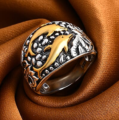 Dolphin Ring in Vermeil Yellow Gold Over and Sterling Silver (Size 10.0) 7.70 Grams