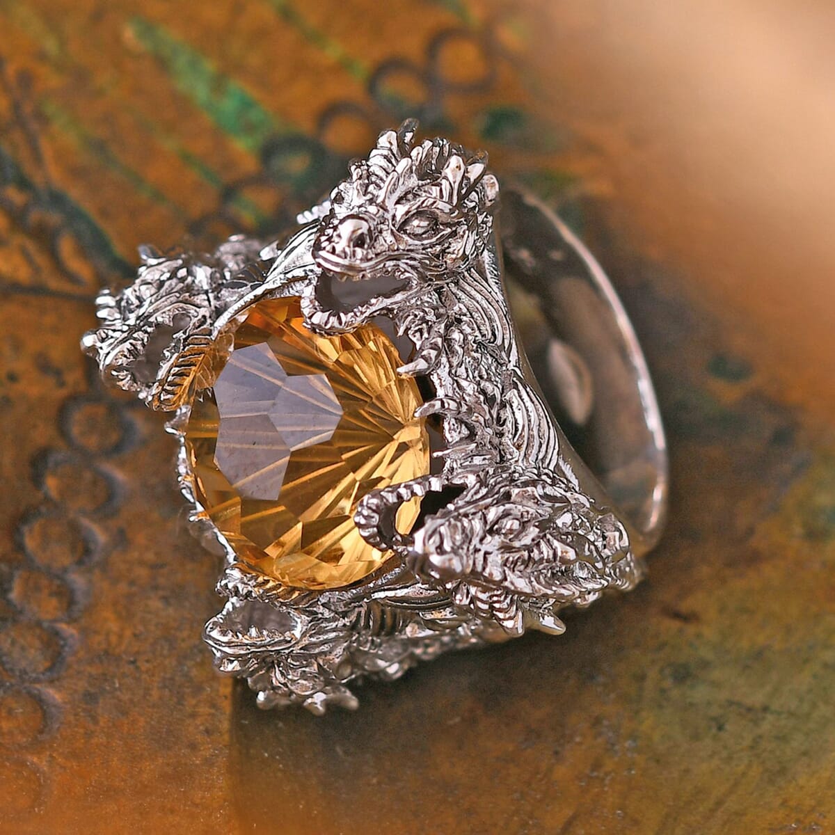 Bali Legacy Starburst Cut Brazilian Citrine 12.25 ctw Dragon Ring in Sterling Silver (Size 10.0) image number 1