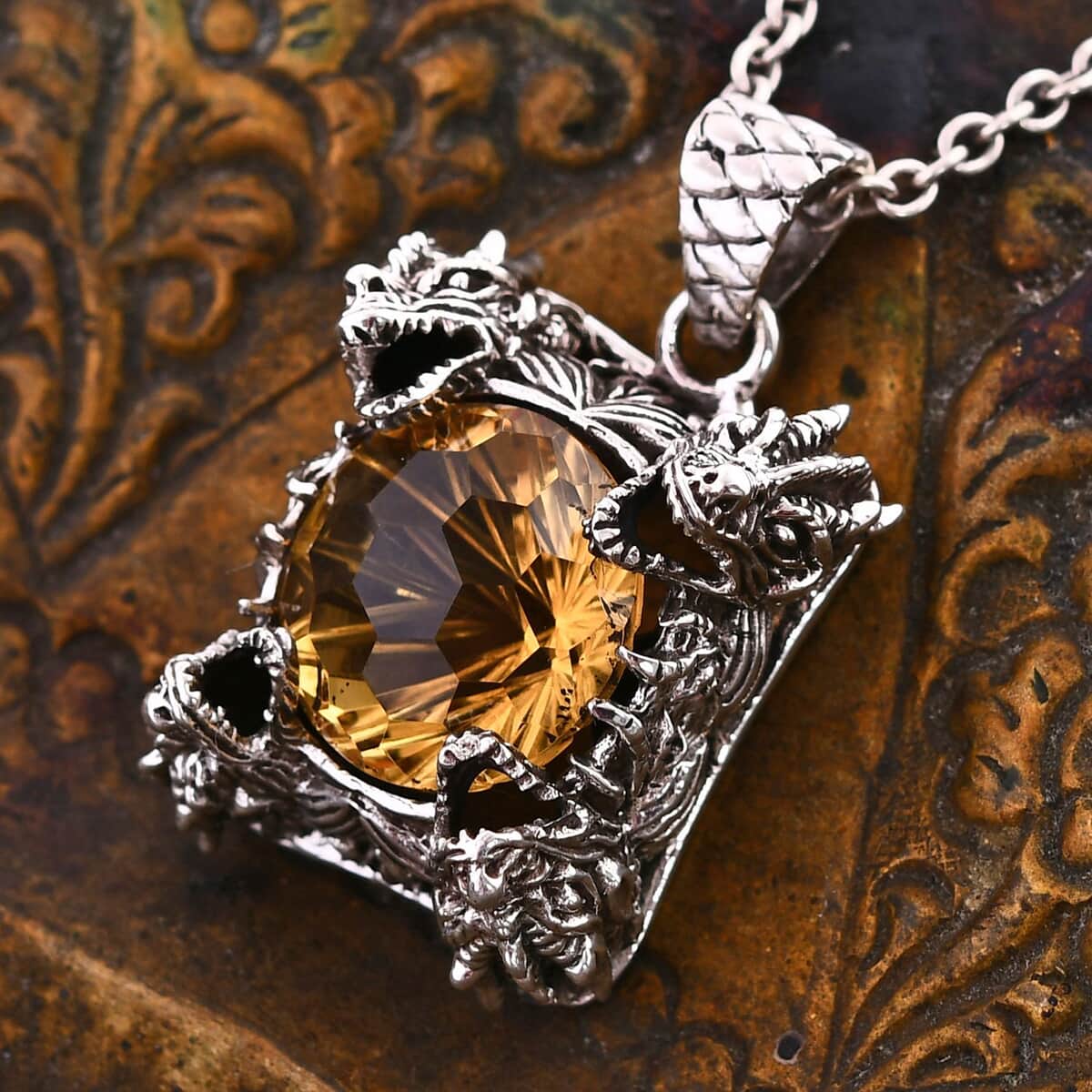 Bali Legacy Starburst Cut Brazilian Citrine 12.10 ctw Dragon Pendant in Sterling Silver  image number 1