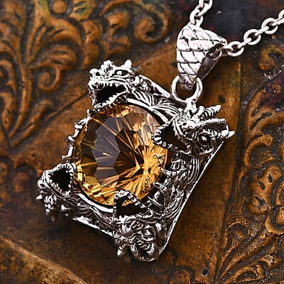 Bali Legacy Starburst Cut Brazilian Citrine 12.10 ctw Dragon Pendant in Sterling Silver 