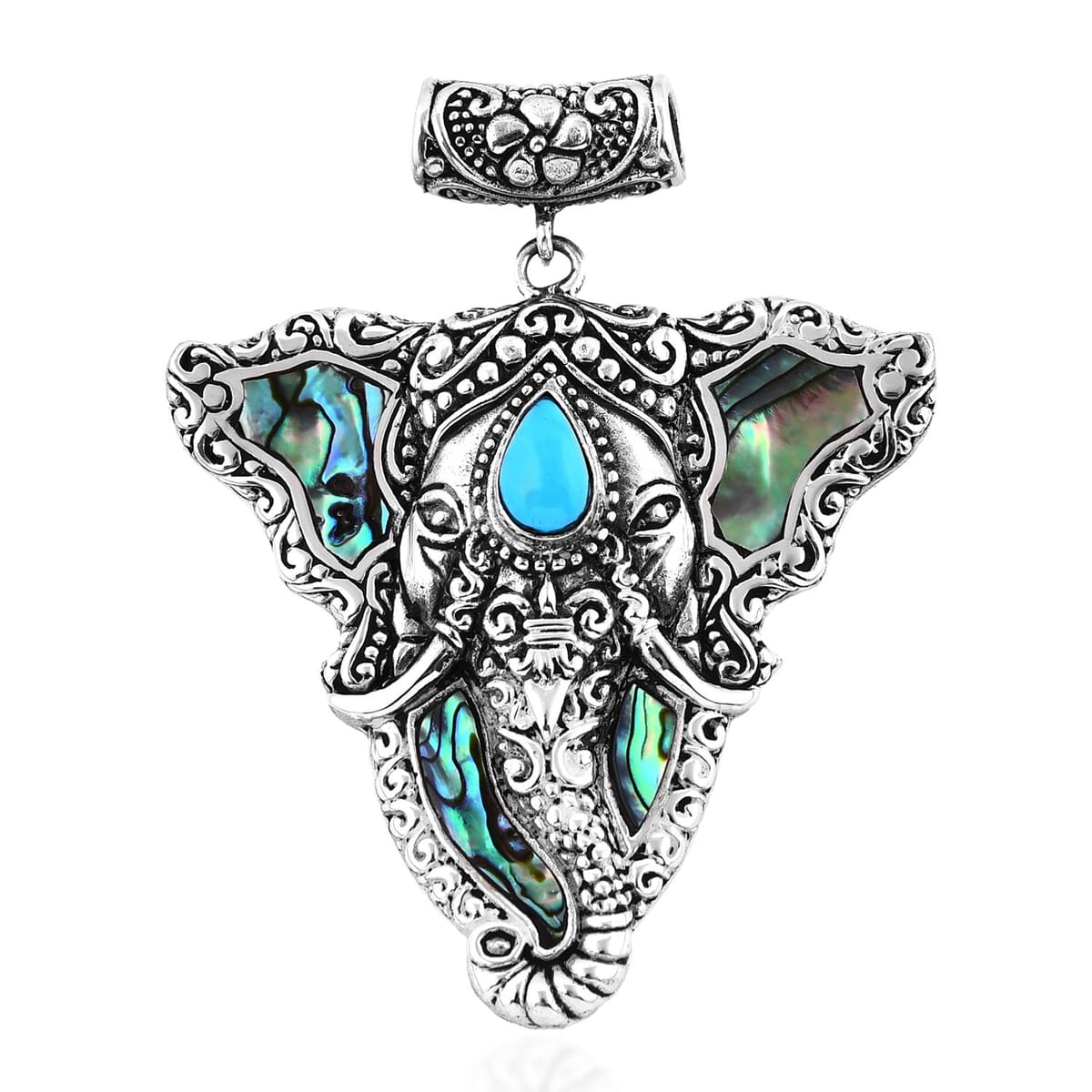 Bali Legacy Abalone Shell and Sleeping Beauty Turquoise 0.85 ctw Elephant Pendant in Sterling Silver image number 0