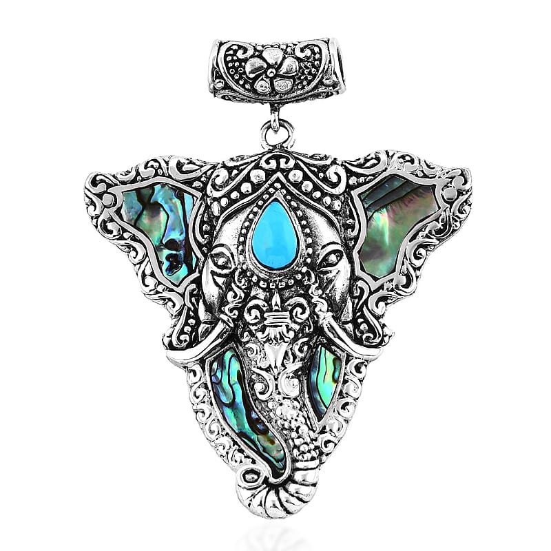 Bali Legacy Abalone Shell and Sleeping Beauty Turquoise 0.85 ctw Elephant Pendant without Chain in Sterling Silver