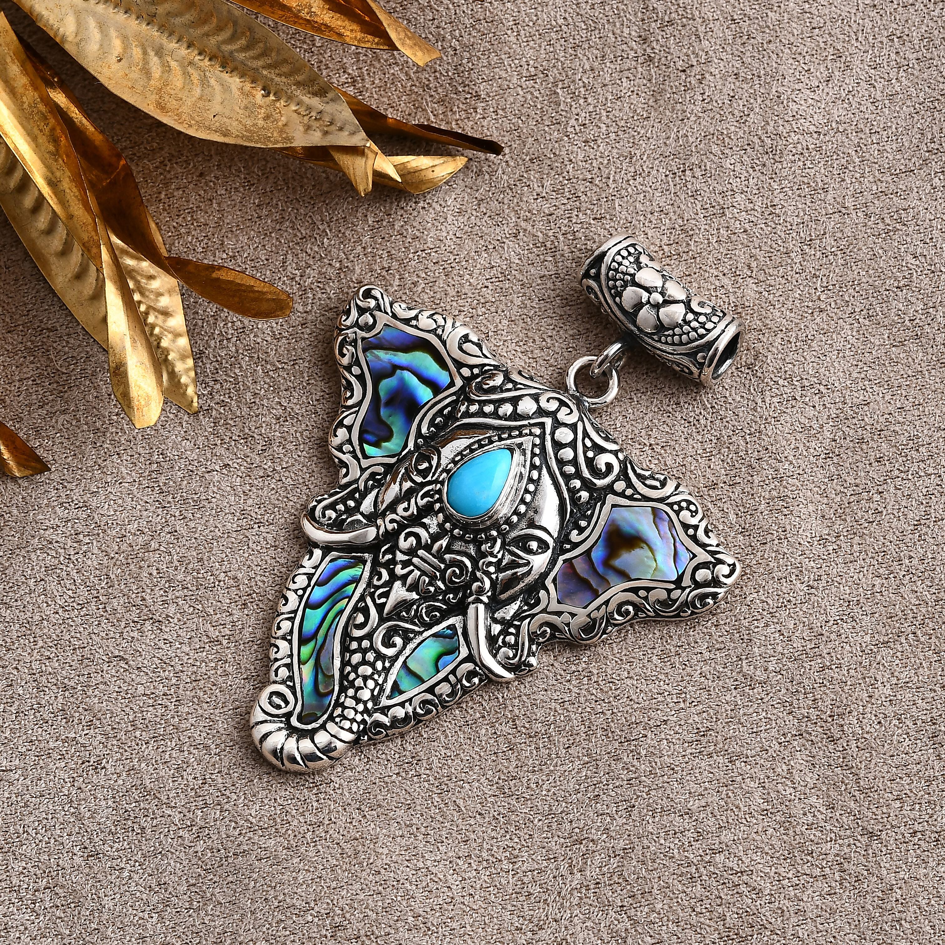 Bali Legacy Abalone Shell and Sleeping Beauty Turquoise 0.85 ctw Elephant Pendant without Chain in Sterling Silver