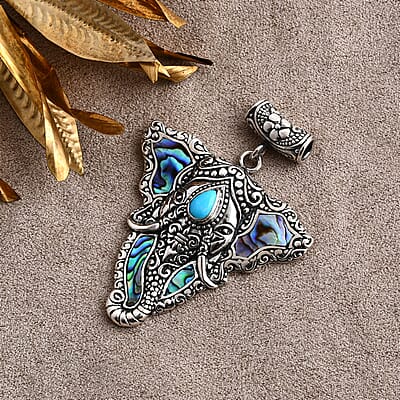 Bali Legacy Abalone Shell and Sleeping Beauty Turquoise 0.85 ctw Elephant Pendant without Chain in Sterling Silver