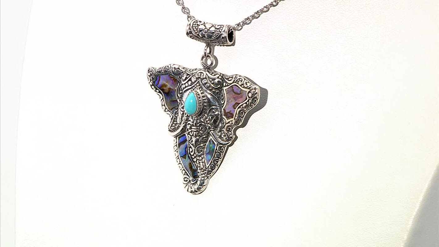 Bali Legacy Abalone Shell and Sleeping Beauty Turquoise 0.85 ctw Elephant Pendant without Chain in Sterling Silver