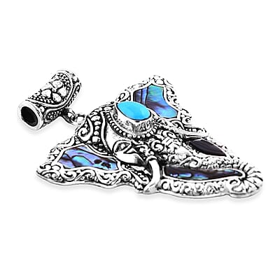 Bali Legacy Abalone Shell and Sleeping Beauty Turquoise 0.85 ctw Elephant Pendant without Chain in Sterling Silver