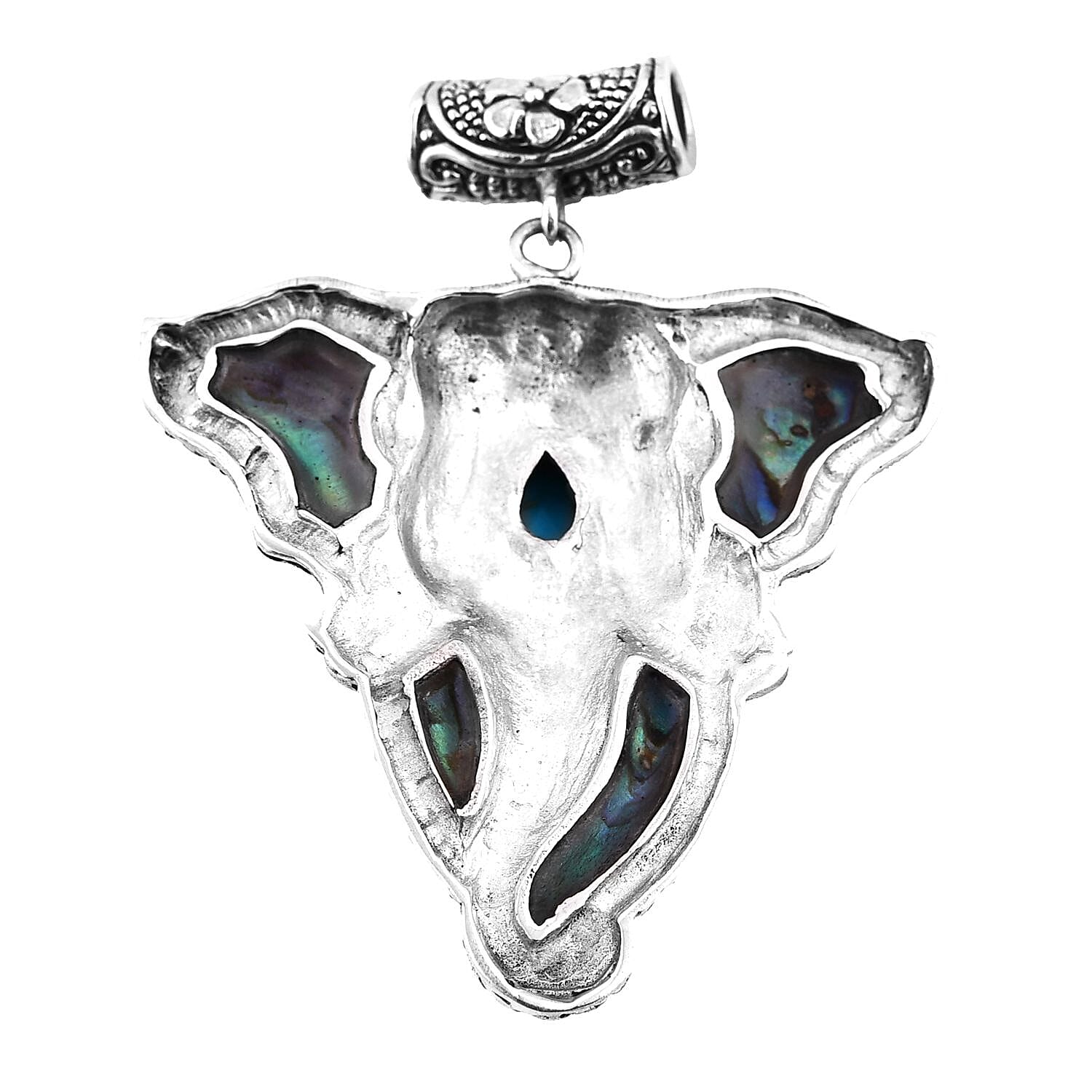 Bali Legacy Abalone Shell and Sleeping Beauty Turquoise 0.85 ctw Elephant Pendant without Chain in Sterling Silver