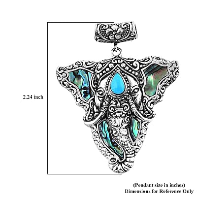 Bali Legacy Abalone Shell and Sleeping Beauty Turquoise 0.85 ctw Elephant Pendant without Chain in Sterling Silver