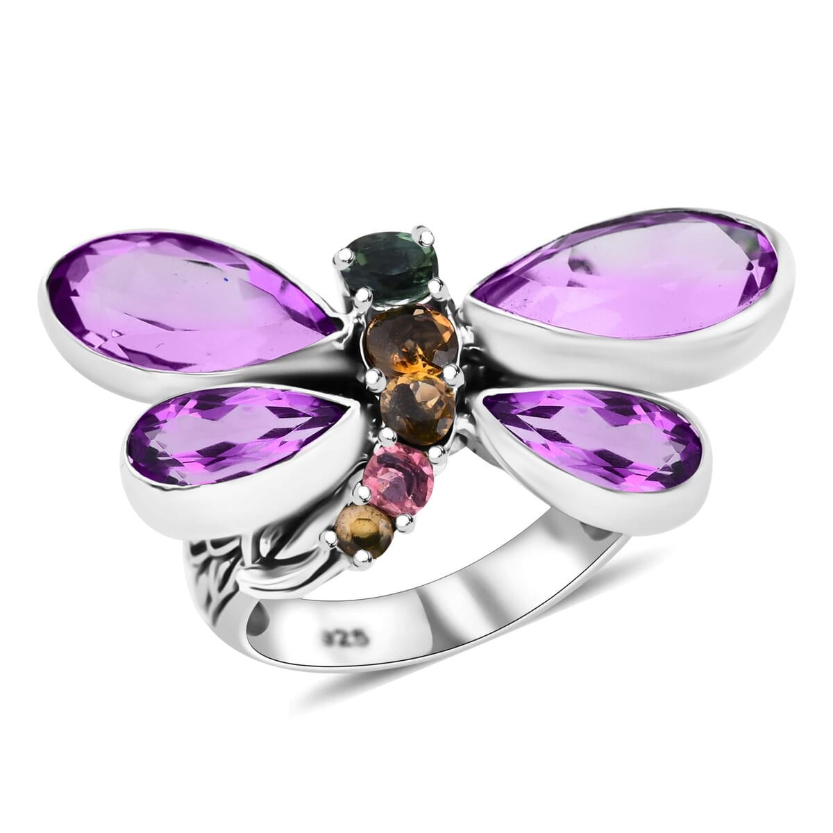 Bali Legacy African Amethyst and Multi-Tourmaline 9.25 ctw Dragonfly Ring in Sterling Silver (Size 10.0) image number 0