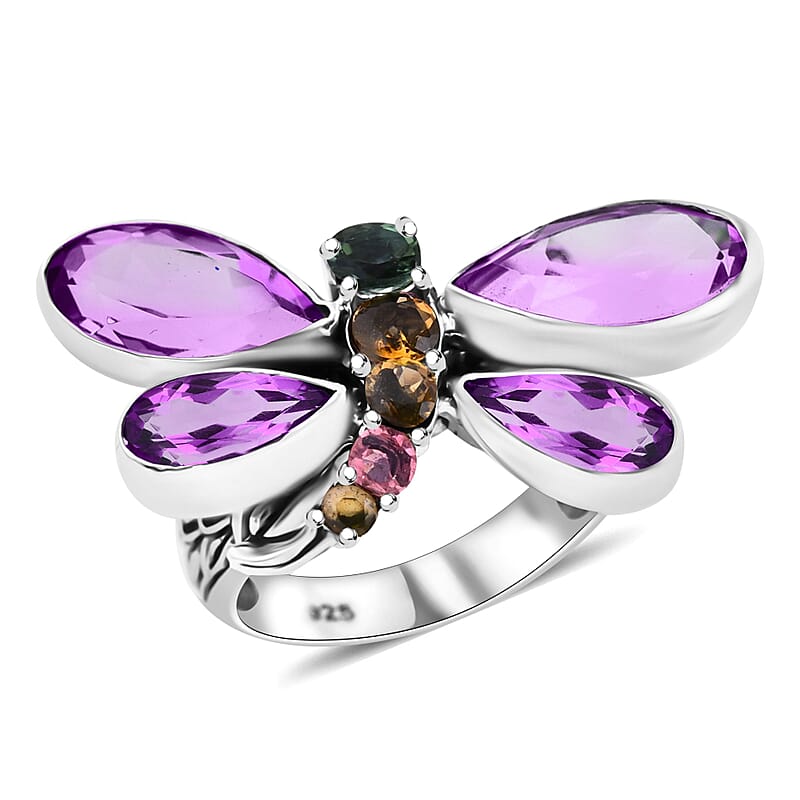 Bali Legacy African Amethyst and Multi-Tourmaline 9.25 ctw Dragonfly Ring in Sterling Silver (Size 10.0)