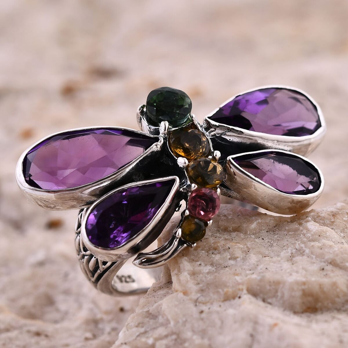 Bali Legacy African Amethyst and Multi-Tourmaline 9.25 ctw Dragonfly Ring in Sterling Silver (Size 10.0) image number 1