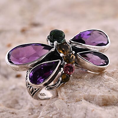 Bali Legacy African Amethyst and Multi-Tourmaline 9.25 ctw Dragonfly Ring in Sterling Silver (Size 10.0)
