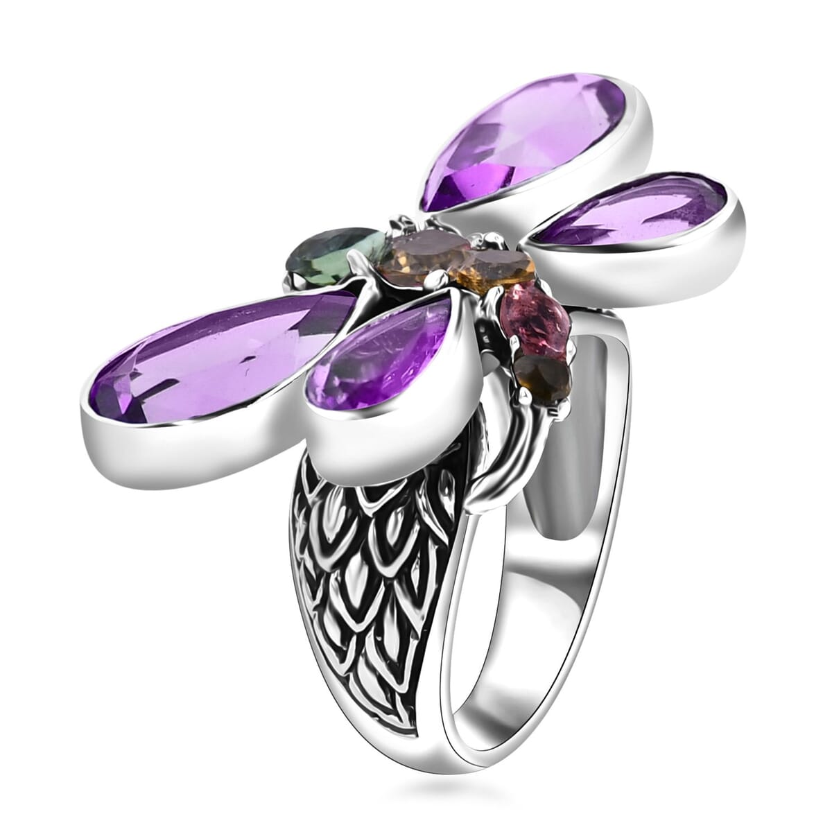 Bali Legacy African Amethyst and Multi-Tourmaline 9.25 ctw Dragonfly Ring in Sterling Silver (Size 10.0) image number 3