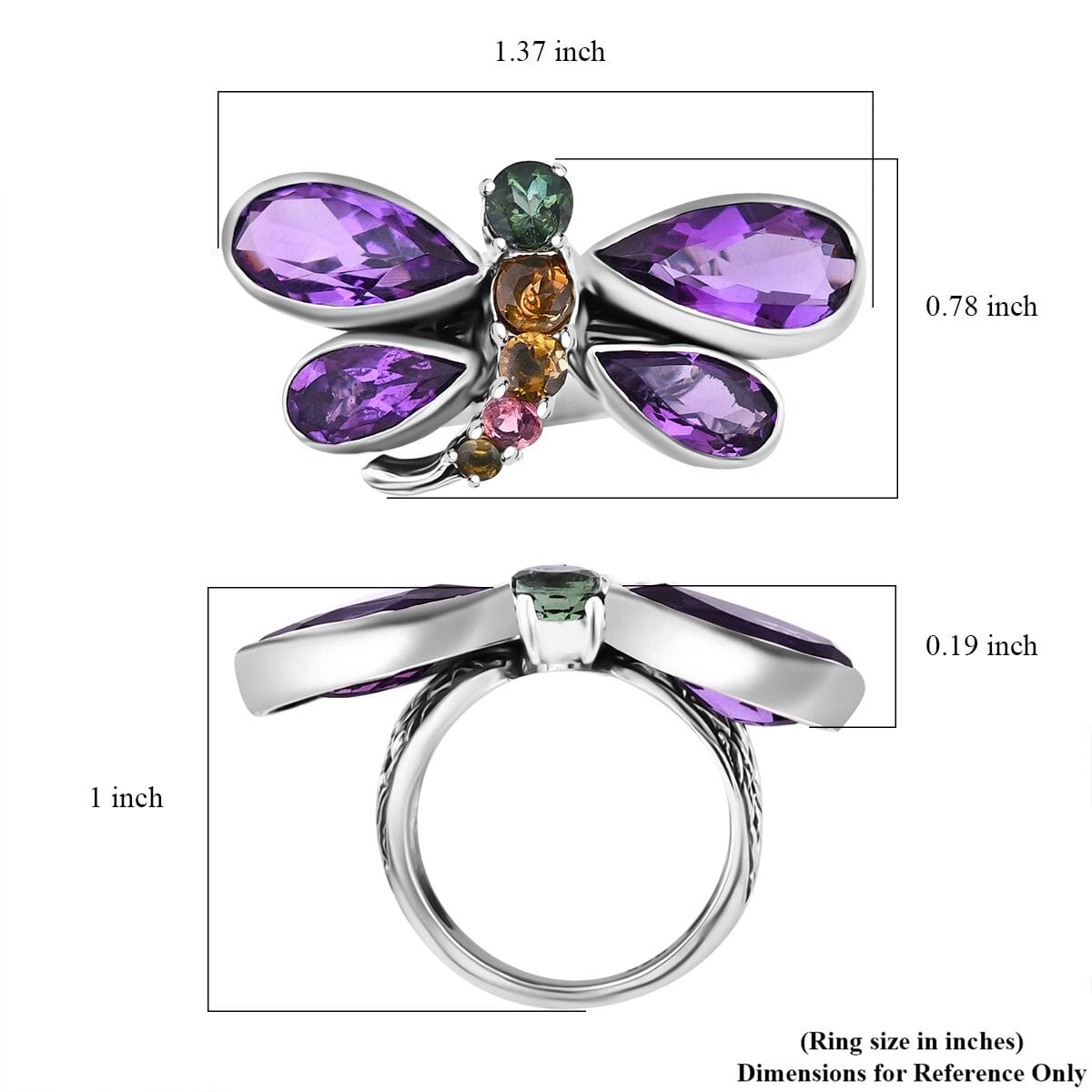 Bali Legacy African Amethyst and Multi-Tourmaline 9.25 ctw Dragonfly Ring in Sterling Silver (Size 10.0) image number 5