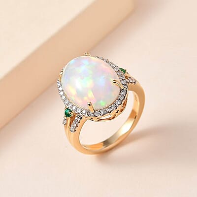 Luxoro AAA Ethiopian Welo Opal, Boyaca Colombian Emerald and G-H I2 Diamond 6.50 ctw Ring in 14K Yellow Gold (Size 12.0) 5.90 Grams