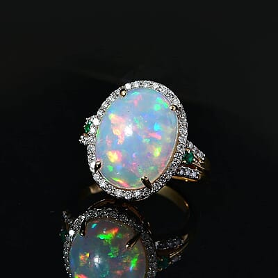 Luxoro AAA Ethiopian Welo Opal, Boyaca Colombian Emerald and G-H I2 Diamond 6.50 ctw Ring in 14K Yellow Gold (Size 12.0) 5.90 Grams