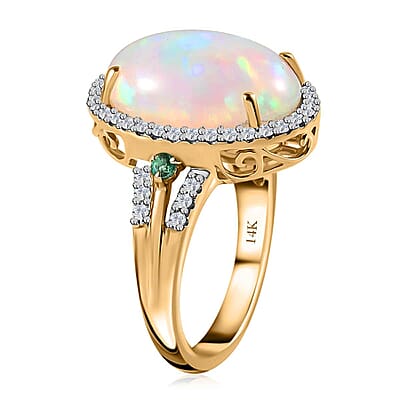 Luxoro AAA Ethiopian Welo Opal, Boyaca Colombian Emerald and G-H I2 Diamond 6.50 ctw Ring in 14K Yellow Gold (Size 12.0) 5.90 Grams
