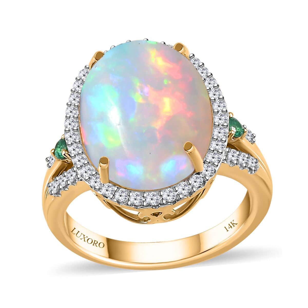 Luxoro AAA Ethiopian Welo Opal, Boyaca Colombian Emerald and G-H I2 Diamond 6.50 ctw Ring in 14K Yellow Gold (Size 7.0) 5.90 Grams image number 0